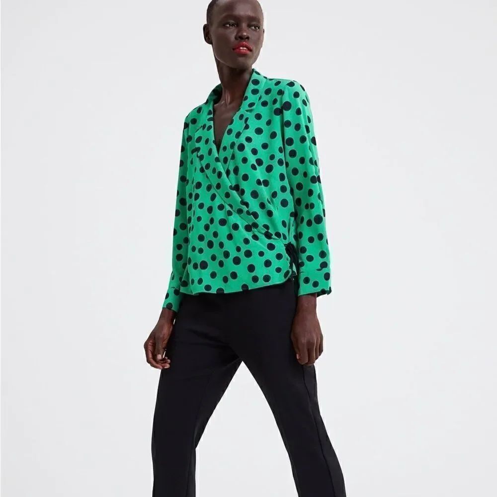Zara Green Polka Dot Tie Blouse size M